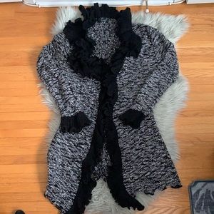 Black and Grey Thick Knit Long Ruffle Cardigan